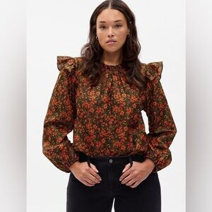 GAP Ruffle Long Sleeve Top in Cornucopia Red & Black Floral - Size XL